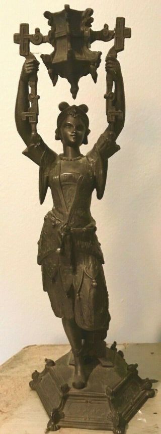 Large Antique Bronze Chinoiserie Candlestick Holder Exotic Woman - 15 " Tall