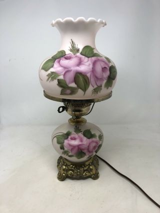 Antique Glass Gone With The Wind Table Lamp Pink And Green Hand Painted Flowers