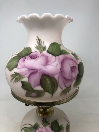 Antique Glass Gone With the Wind Table Lamp Pink And Green Hand Painted Flowers 2