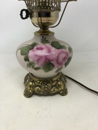 Antique Glass Gone With the Wind Table Lamp Pink And Green Hand Painted Flowers 3