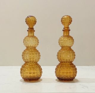 Set Of Two Vintage Mid Century Modern Amber Glass Decanters Italy
