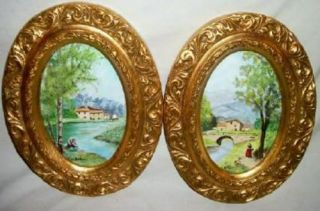 Italian Florentine Villa Paintings Gilt Wood Ornate Vintage Mid Century