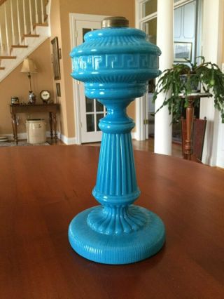 Antique Blue Opaline Oil Lamp Base with Greek Key 3