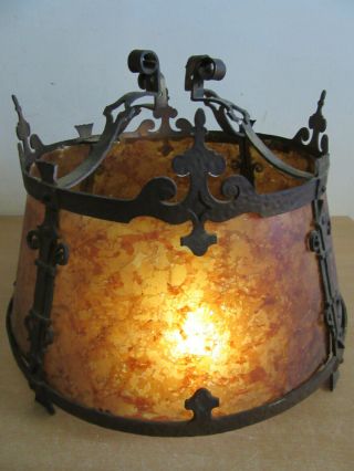 Antique Arts & Crafts Gothic Hammered Brass Finish Lampshade With Mica 18 " X13.  5 "