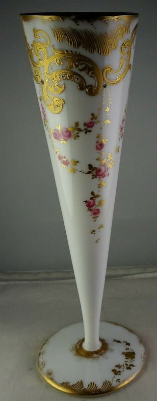 Antique White Opaline Floral & Gold Glass Trumpet Vase