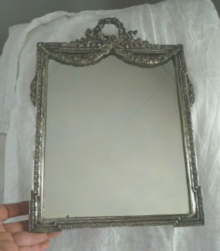 Antique Victorian Silver Plate Vanity Mirror W/ Garlands Heavy Glass 9x12 " - Vgc