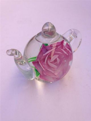 Vintage Pink Rose Teapot Art Glass Paperweight
