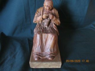 Carved Wooden Wculpture Quebec Canada Old Woman Knitting 10 1/2 "