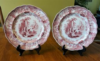 Pair Antique Staffordshire Red Transferware Plates Adams Grecian Font 2