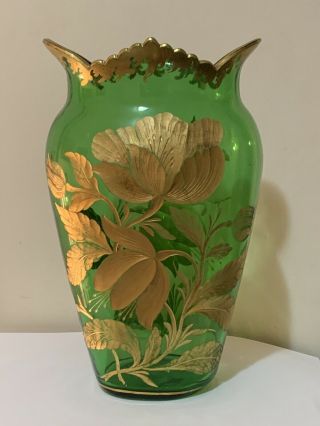 Bohemian Moser Vase Emerald Green Gold Gilt Cut Glass 9.  5” Antique