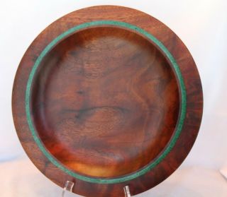 Vintage Hand Made Wood Bowl Claro Walnut With Malachite Inlay Signed By Artist