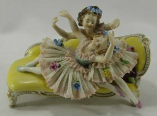 Volkstedt Porcelain Figurines Dresden Lace Children Ballerina Reclining Chaise