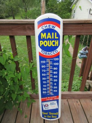 Vtg 1948 Chew Mail Pouch Tobacco Tru Temp Thermometer Advertising Sign 39”x 8”