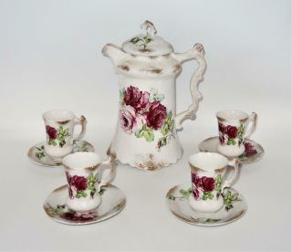 Vintage Labelle China,  Wheeling Pottery Roses Chocolate Pot & 4 Cup & Saucer Set