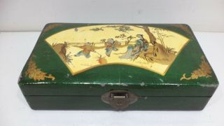 Vintage Japanese Jewelry Box Hand Painted Green Lacquer Japan Antique