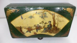 Vintage Japanese Jewelry Box Hand Painted Green LACQUER Japan Antique 2