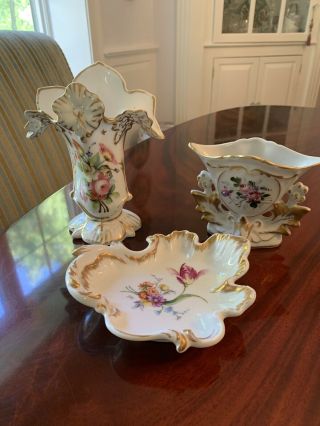Antique Old Paris Porcelain Hand - Painted Gilt Floral Decorated Spill Vases Dish