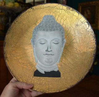 RARE PAUL ALEXANDER MCM MID CENTURY BUDDHA ENAMELED AND GILDED COPPER WALL PLATE 2