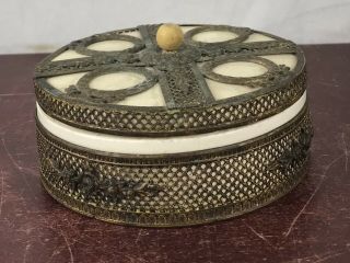 Czechoslovakia Porcelain And Metal /bisque Rose Jewelry Trinket Box Vanity Jar