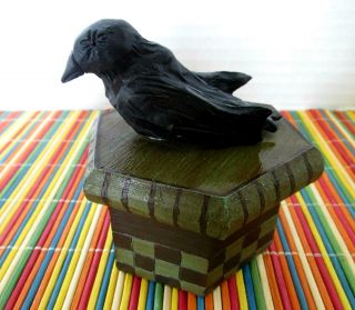 Vintage 6 Sided Wooden Trinket Box With Carved Raven On Top 3 - 1/2 " High X 3 " W