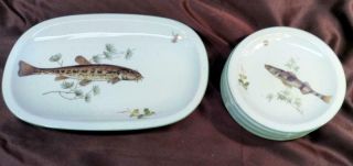 Old Vintage German Germany Porcelain Fish Set 6 Plates Platter Tray Serving Dish