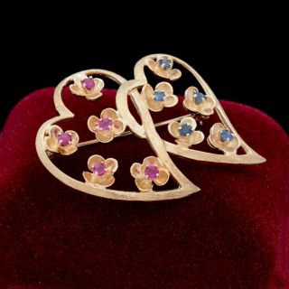 Antique Vintage Deco Retro 14k Yellow Gold Ruby Sapphire Sweetheart Pin Brooch