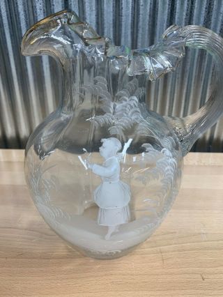 Antique Mary Gregory Blown Clear Glass Tall Pitcher Girl Child Flower