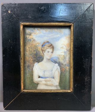 Antique Victorian Style Lady Portrait On Celluloid Oil Painting Old Wood Frame