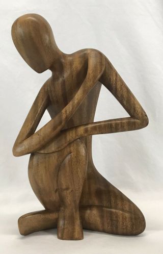 Vintage Mid Century Hand Carved Wood Nude Woman Statue Sculpture Signed Rendah