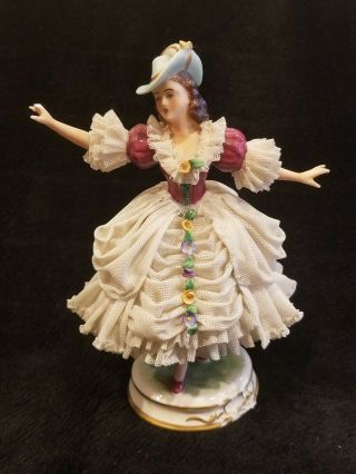 7 " Dresden Antique Porcelain Lace Lady Walking Figurine Germany (see Photos)