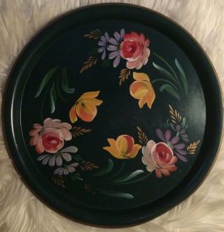 Vtg.  Nashco? Metal Tray Hand Painted Pink Floral Print 16” Round Serving Tray