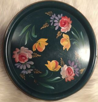 Vtg.  Nashco? Metal Tray Hand Painted Pink Floral Print 16” Round Serving Tray 2