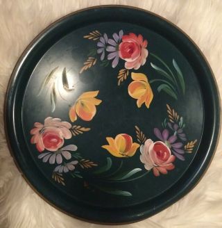 Vtg.  Nashco? Metal Tray Hand Painted Pink Floral Print 16” Round Serving Tray 3