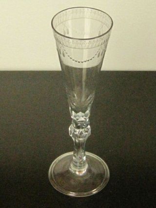 Antique 18th C.  Georgian Or Continental Etched Glass Wine Flute Folded Foot Rim