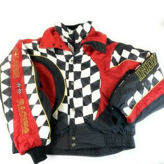 Vtg Mens Polaris Racing Indy Snowmobile Jacket Checkered Flag Black Red Sz Xxl