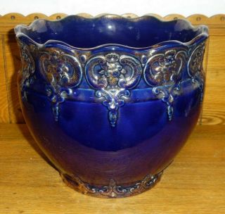 Antique Cobalt Blue W/ Gold Accent Art Pottery Jardiniere - 9 1/4 " Tall