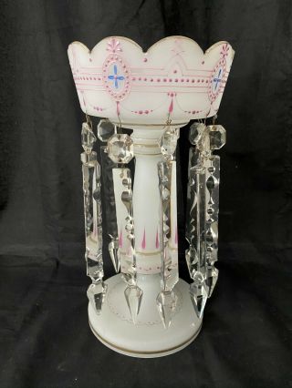 Victorian Luster Mantle Art Glass Pink White Hand Painted 13