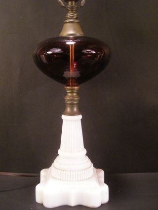Antique Purple White Opal Glass Electrified Oil Kerosene Parlor Lamp Table Light