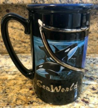 Sea World 3d Raised Shamu Tail Whales Blue Black Silver Coffee Tea Mug 16 Ounce