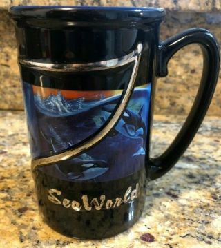 Sea World 3D Raised Shamu Tail Whales Blue Black Silver Coffee Tea Mug 16 ounce 3