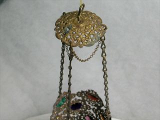 Victorian Brass Lamp Glass Faceted Jewels Antique Hanging Hall Fairy Shade 1880s 3