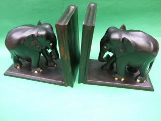 Antique Carved Ebony Wood Elephant Pair Bookends from Ceylon Vintage Decor 2