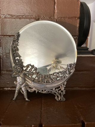 Antique Victorian Jennings Bros - Silver Plate - Cherub Moon Standing Vanity Mirror