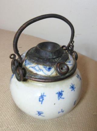Antique 19th Century Handmade Chinese Blue White Pottery Bronze Tobacco Pipe Jar