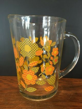 Vintage Clear Glass Water Pitcher With Spring Flowers Gingham Checkered Design