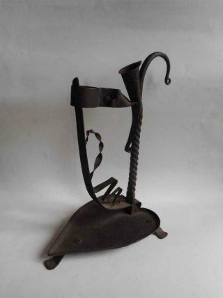 Antique Europe Top High Aged Baroque Alpine Farmer Iron Candle Pine Chip Holder