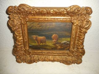 Antique Oil Painting,  (landscape With Bulls Near The Water,  Great Frame).