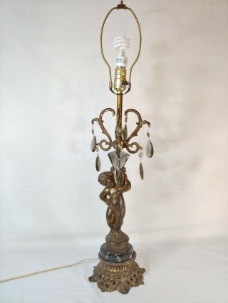 Vintage Brass Cherub Table Lamp With Marble Base & Glass Prisms