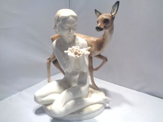 Hutschenreuther,  Germany Porcelain Figurine Nude W/ Deer Ca.  1940 