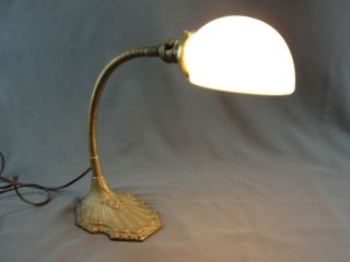 Antique Trebor Cast Iron Art Nouveau Gooseneck Task Desk Lamp Milk Glass Shade